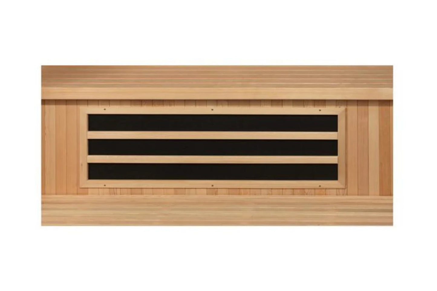 Light wood sauna with three horizontal black vents on front, viewed from exterior front angle on white background