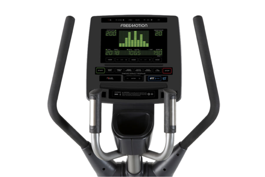 Freemotion e8.9b elliptical with black frame, dual handles, and digital console displaying green metrics on white background