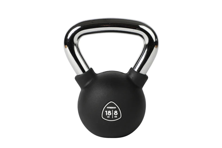 Black kettlebell with chrome handle and white 18 lb weight marking on white background