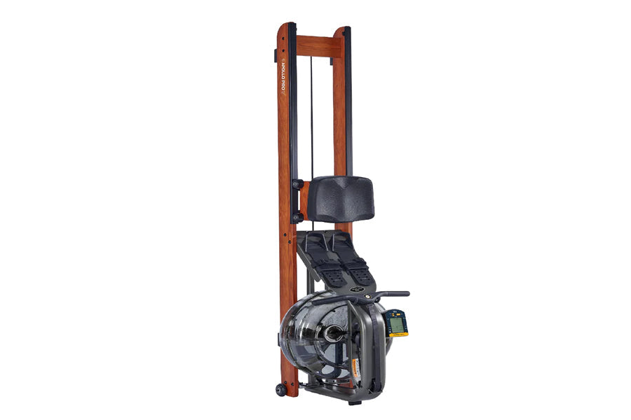 FluidRower Viking Pro V rowing machine with brown wooden frame, black footrest, and black resistance chamber on white backgro