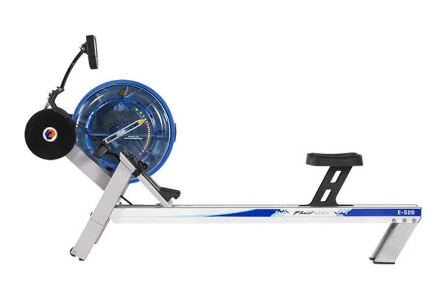 FluidRower E520 Evolution commercial fluid rower with blue resistance drum, white aluminum frame, black foot pedals and handl
