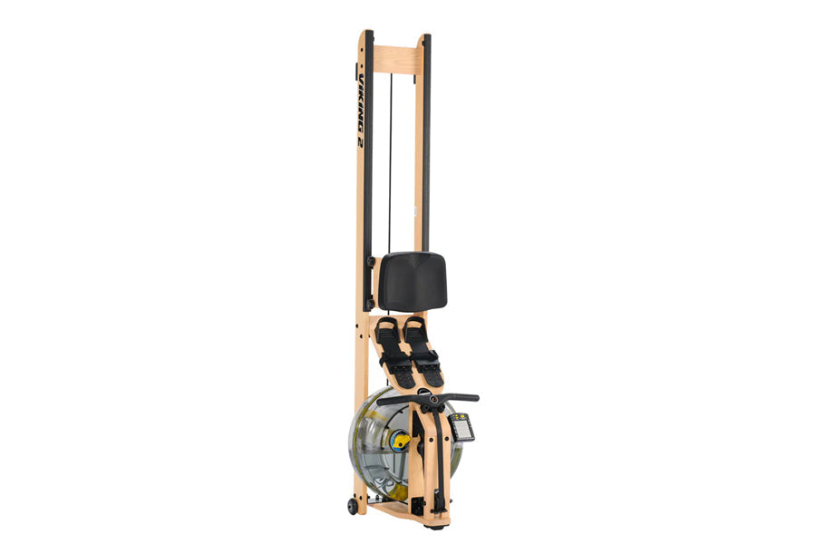 FluidRower Viking 2 Plus Select Fluid Rower with natural wood frame, black straps and footrest, digital monitor, on white bac