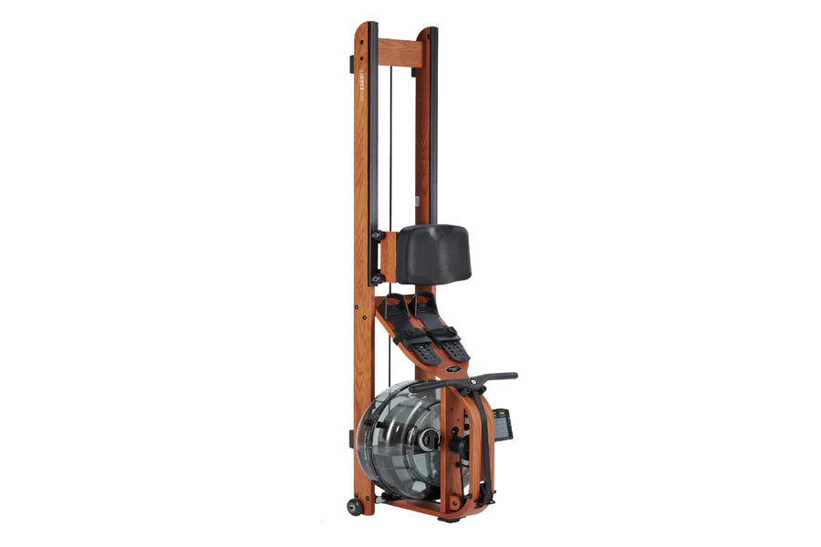 Brown wooden frame water rower with black footrest and seat, displayed against white background