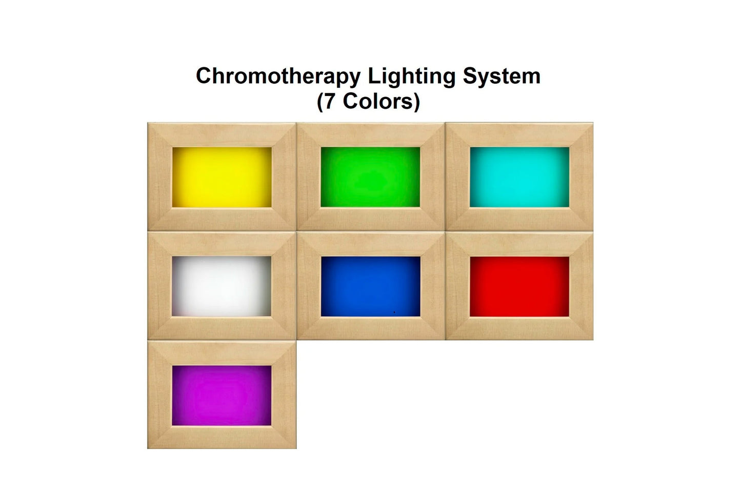 Chromotherapy lighting system with seven colored light panels in natural wood frames displaying yellow, green, cyan, white, b