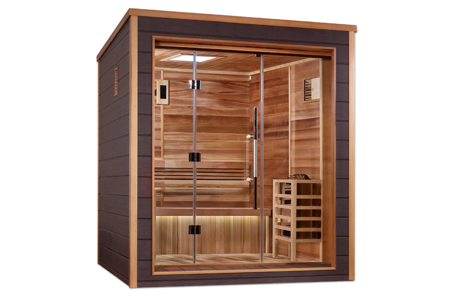 Golden Designs Drammen sauna with dark brown exterior frame, light wood interior, glass doors, built-in benches, and infrared