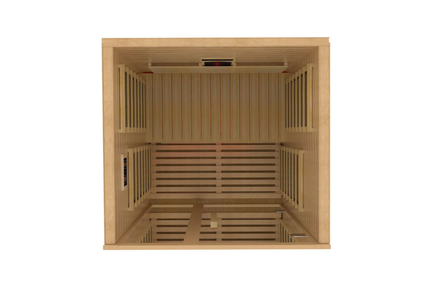 Golden Designs Gracia infrared sauna with light wood interior, vertical and horizontal slats, bench seating, and control pane
