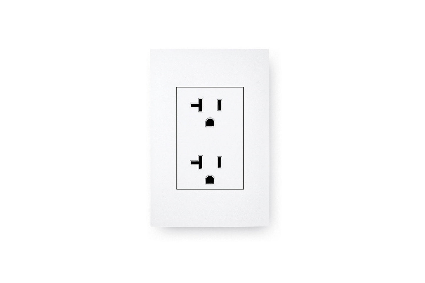 White duplex electrical outlet with two receptacles and black slot details on white background