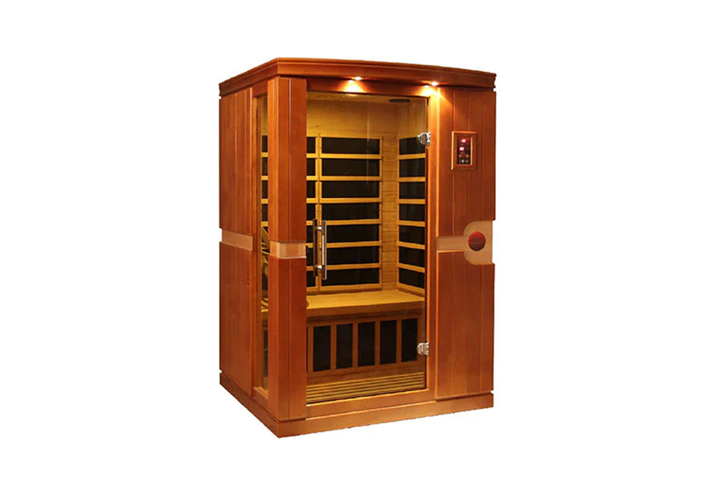 Golden Designs Venice Elite 2-person infrared sauna with red cedar wood construction, glass doors, interior wood benches, and