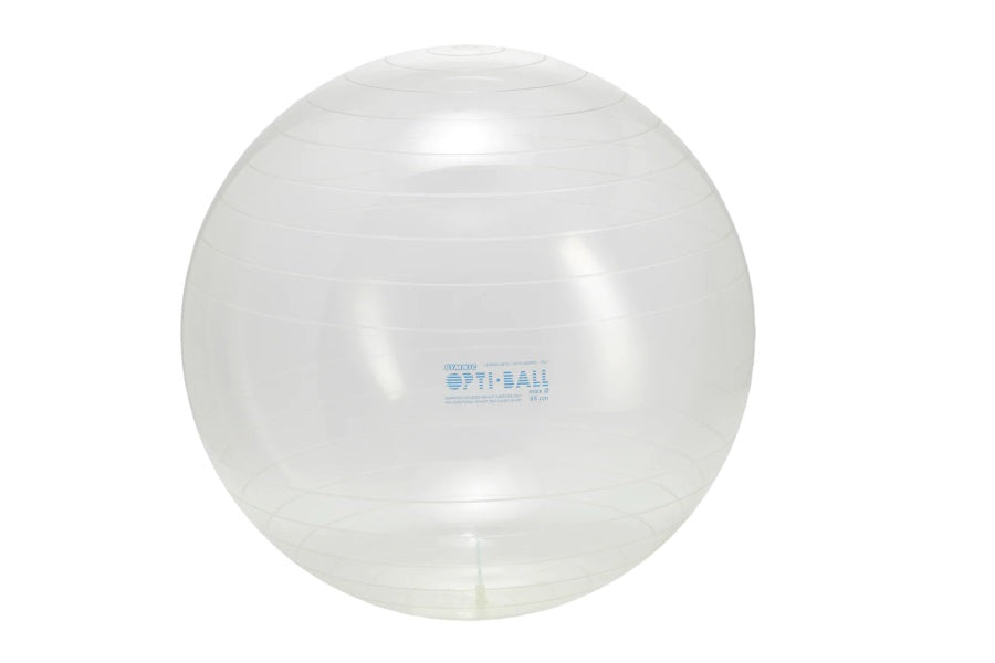 Clear transparent exercise ball with Opti-Ball branding, on white background