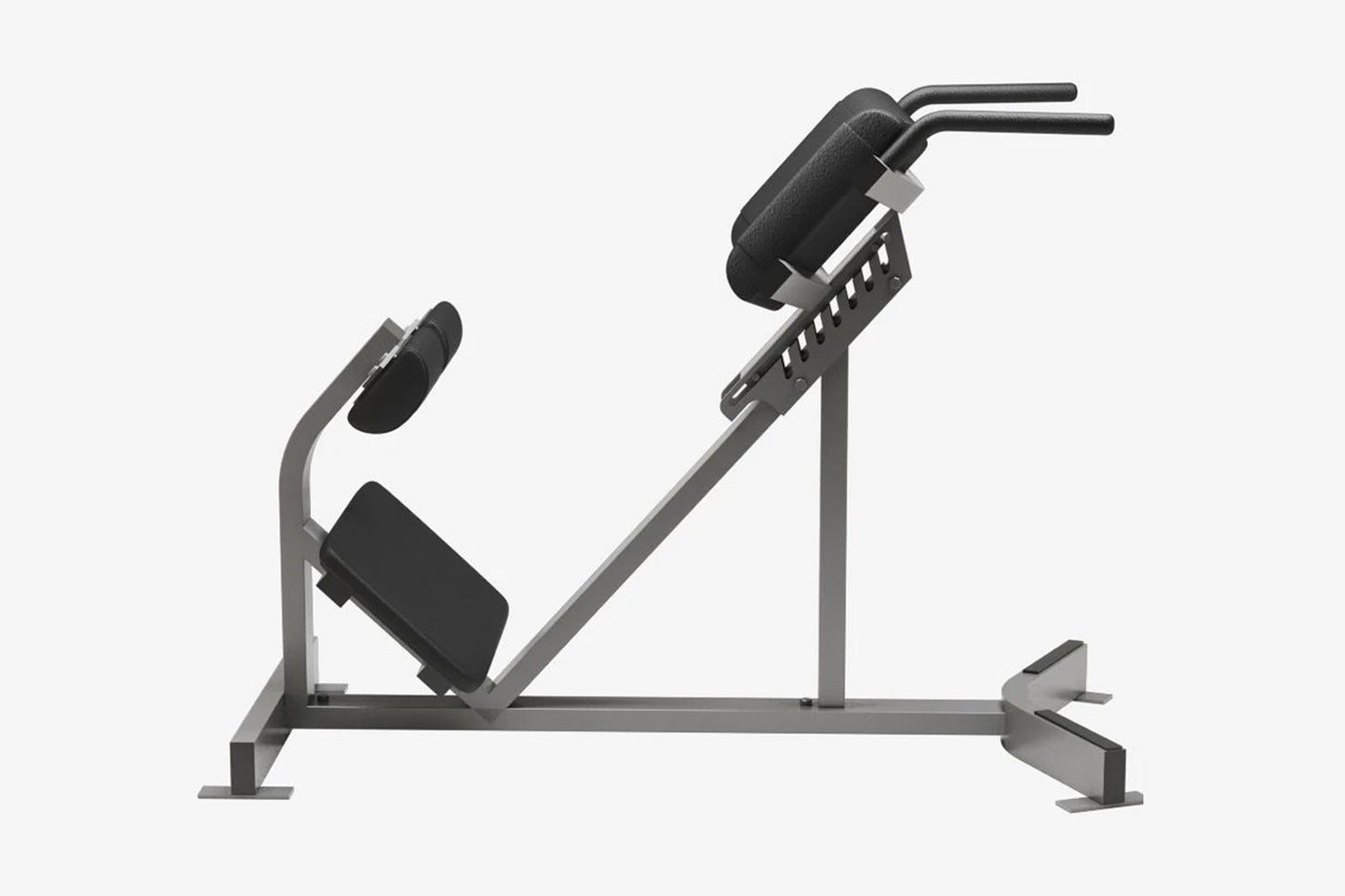 Hammer Strength back extension machine with gray frame, black padded seat and backrest, angled leg press footplate on white b