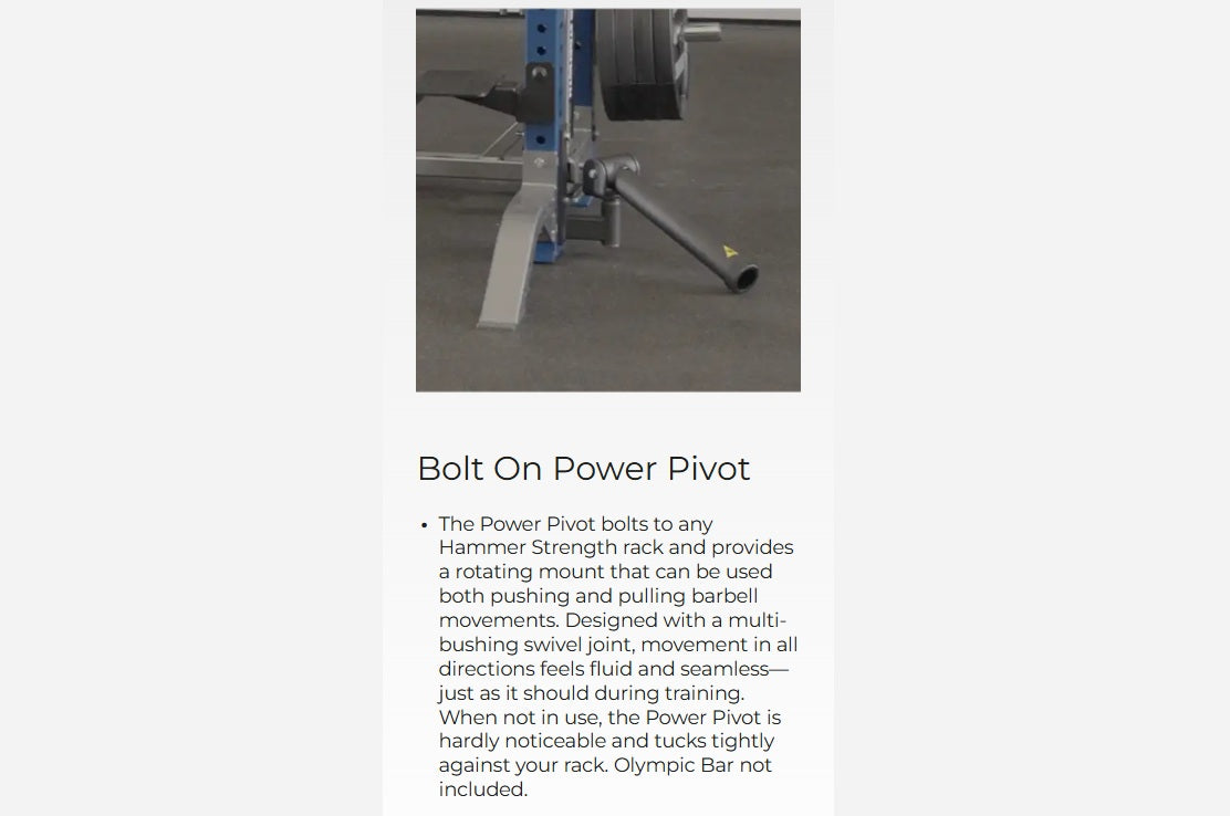 Hammer Strength Bolt On Power Pivot rack attachment with blue frame and gray base, shown from side angle on concrete floor