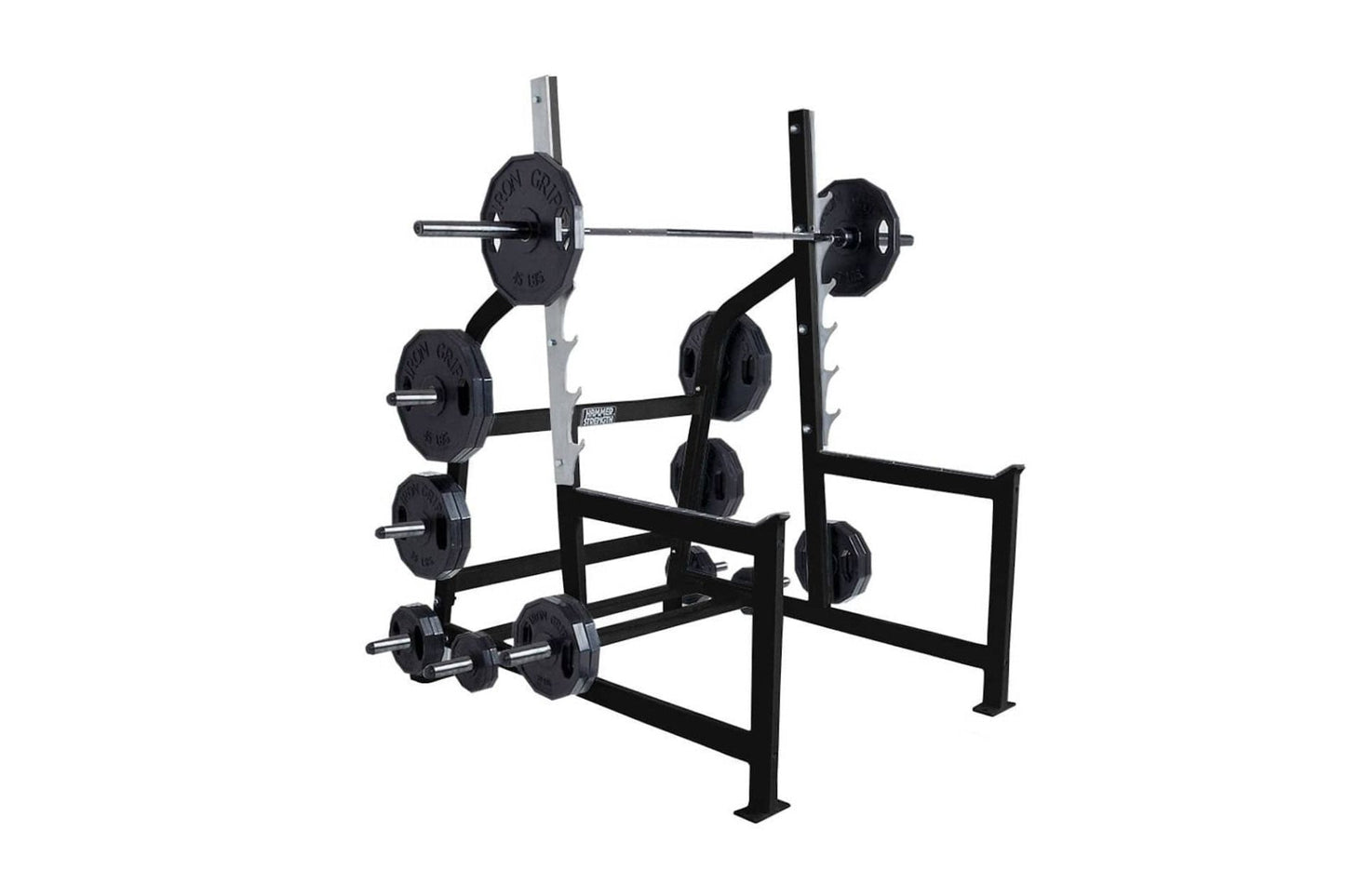 Hammer Strength Olympic squat rack with black steel frame, gray uprights, and loaded with black weight plates on white backgr