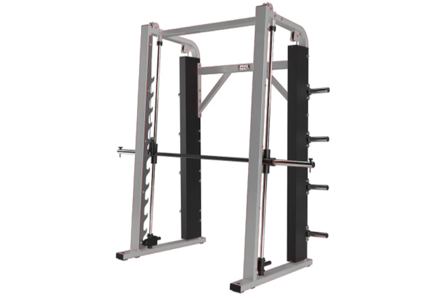 Gray and black plate-loaded Smith machine with dual weight pegs, padded uprights, and horizontal barbell on white background