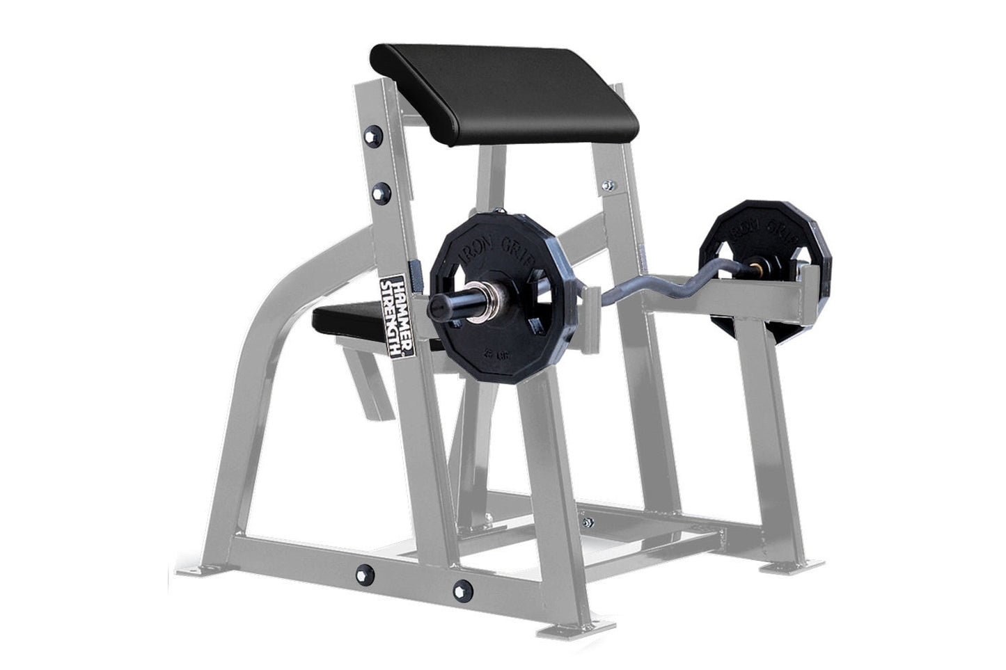 Hammer Strength seated arm curl machine with gray steel frame, black padded seat and backrest, black weight plates, and curve