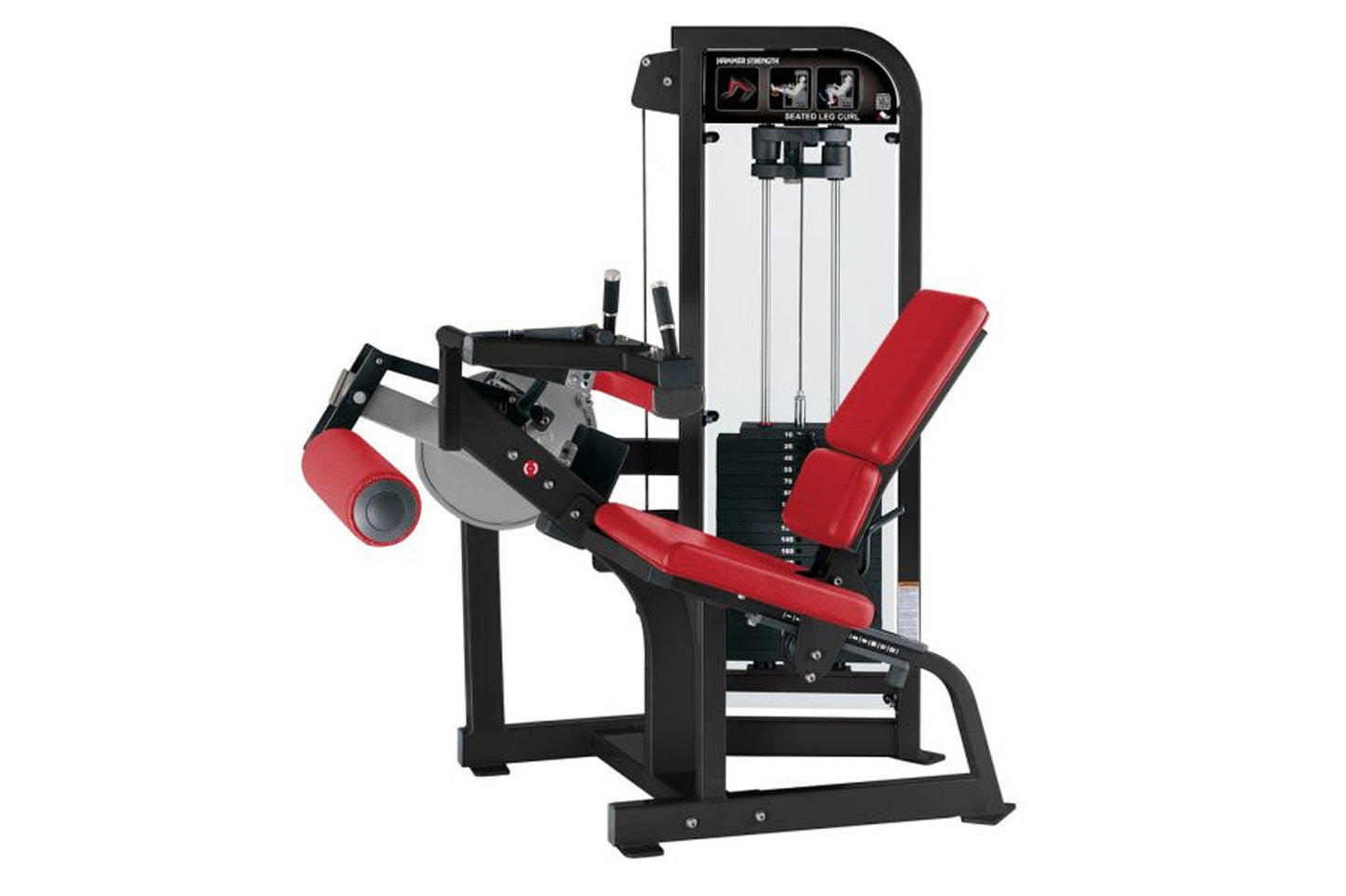 Hammer Strength Select Seated Leg Curl machine with black frame, red padded seat and leg extension, weight stack on white bac