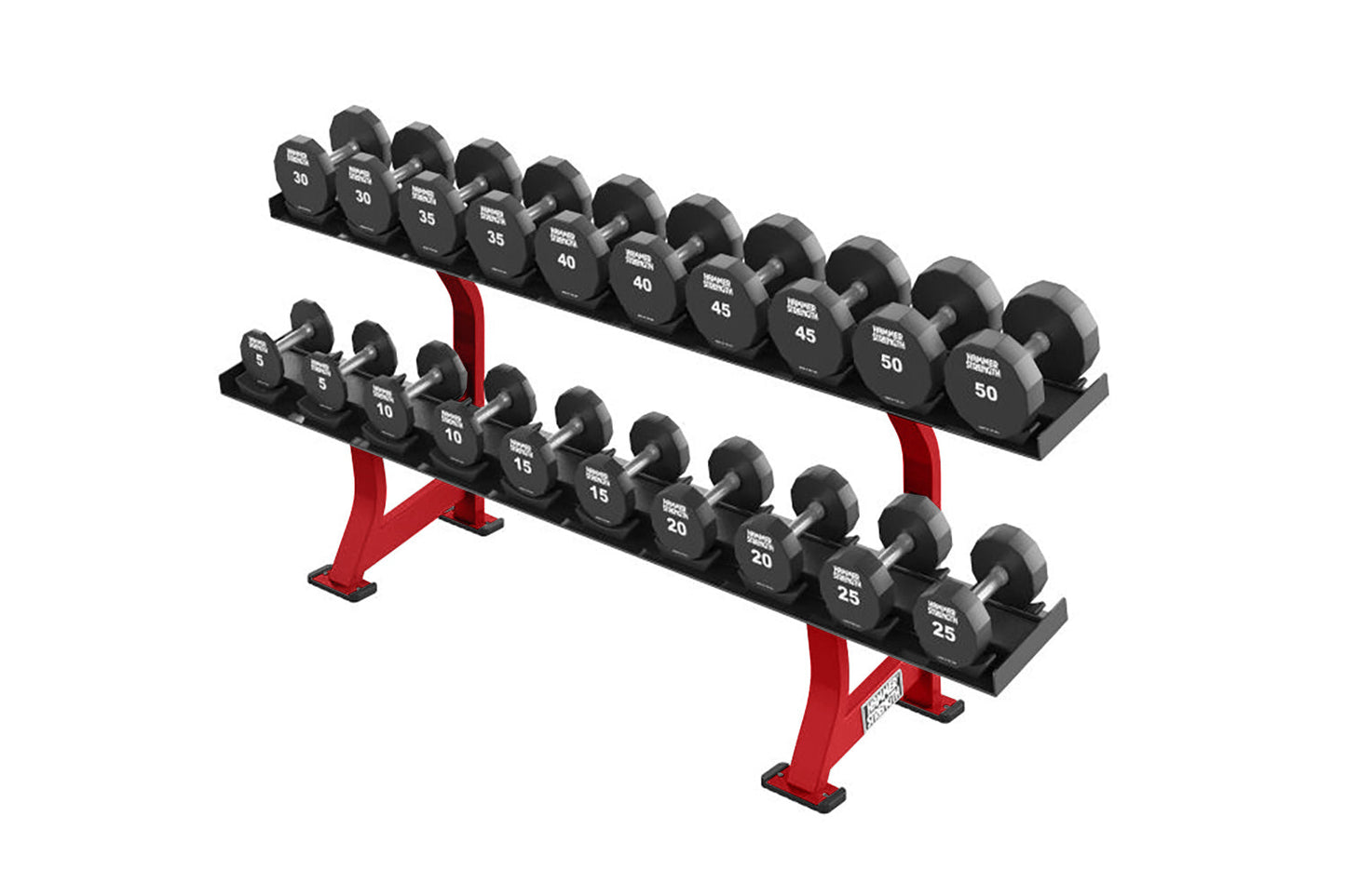 Two-tier dumbbell rack with red frame holding black dumbbells ranging from 5 to 50 pounds on white background