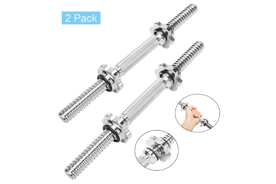 Pair of chrome dumbbell handles with threaded hex bolts and knurled grips, shown with close-up detail views on white backgrou
