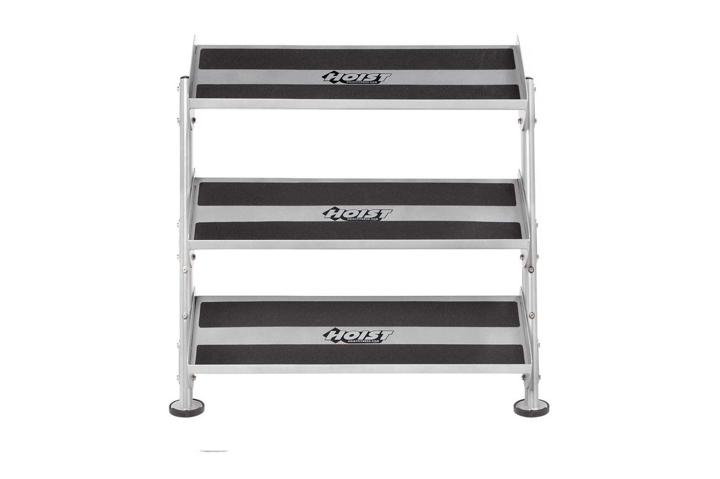 Hoist 36-inch horizontal dumbbell rack with 2 tiers, silver aluminum frame, black rubberized shelves, on white background