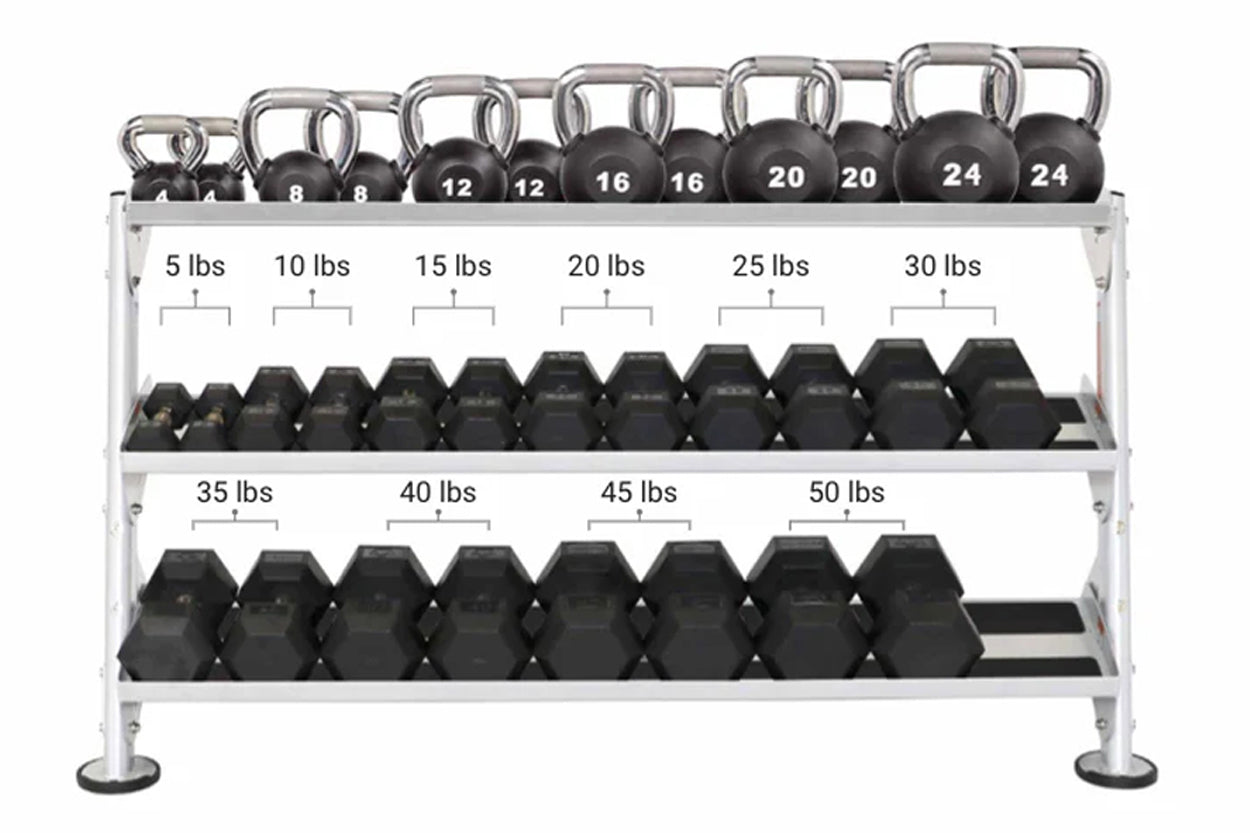 Three-tier white metal dumbbell rack holding black dumbbells ranging from 5 lbs to 50 lbs with chrome handles, displayed on w