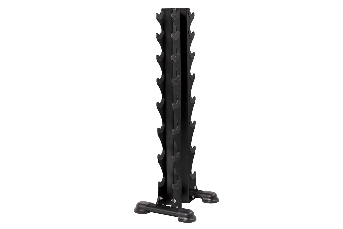 Black vertical dumbbell tower rack with eight tiered shelves and stable base, displayed on white background