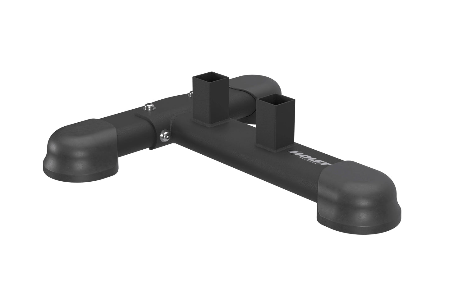 Black metal hoist attachment stand with curved pipe ends, central mounting bracket, and square support posts on white backgro