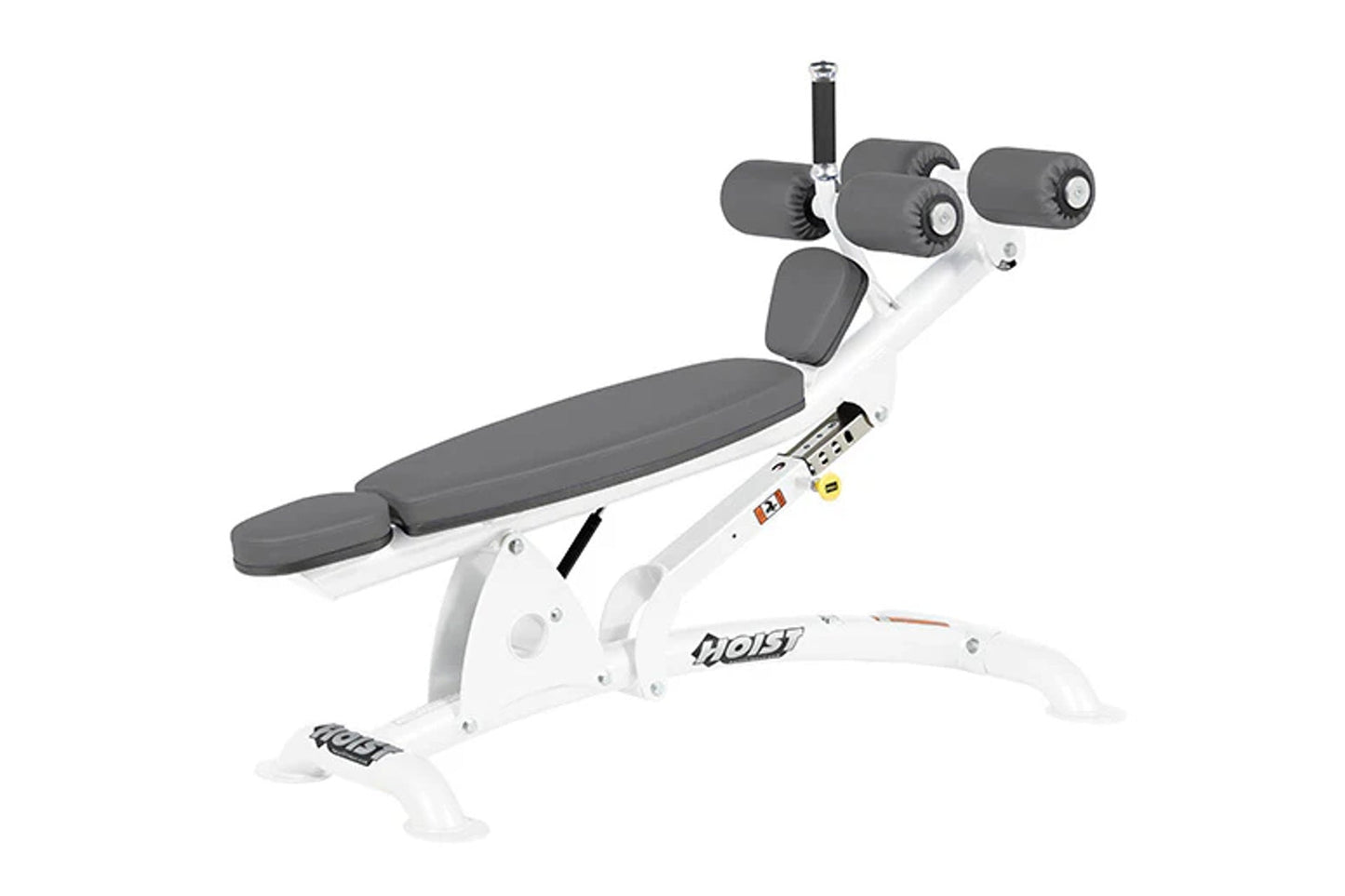 White and gray Hoist adjustable decline abdominal bench with padded seat, backrest, leg extension, and arm supports on white