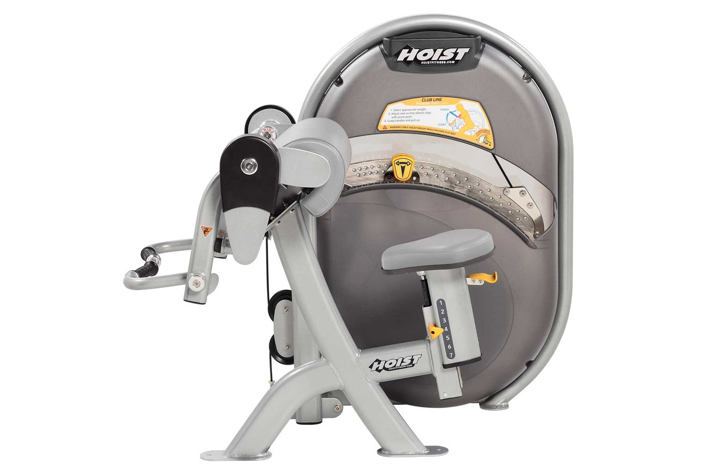 Hoist Biceps Curl machine with gray frame, padded seat, adjustable handles with black grips, and digital control panel, flat