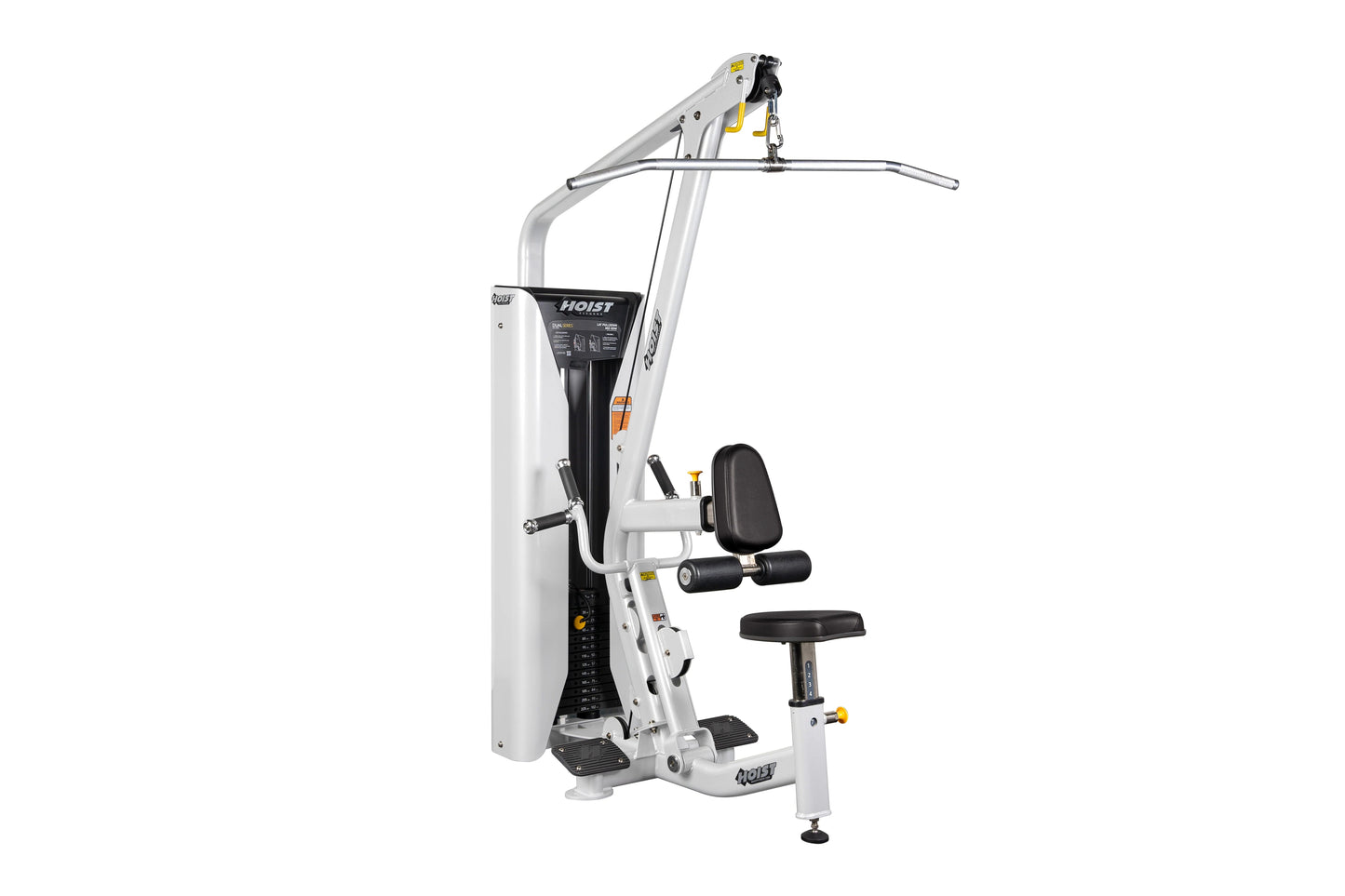 White and black Hoist Lat Pulldown/Mid Row exercise machine with dual functionality, featuring adjustable seat, pull-down bar