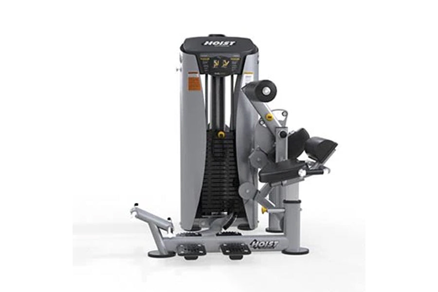 Hoist Ab Crunch/Low Back exercise machine with gray frame, black seat and handles, displayed on white background