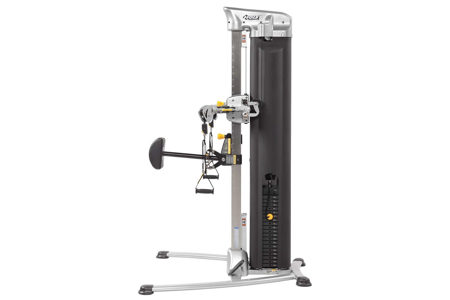 Hoist Mi5 Functional Trainer with silver frame, black weight stack, and yellow accents on white background
