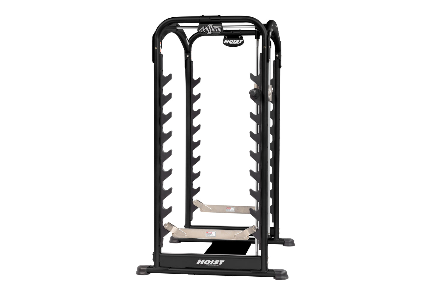 Black Hoist Dual Action Smith Machine with metal frame, dual handles, and weight plate storage pegs on white background