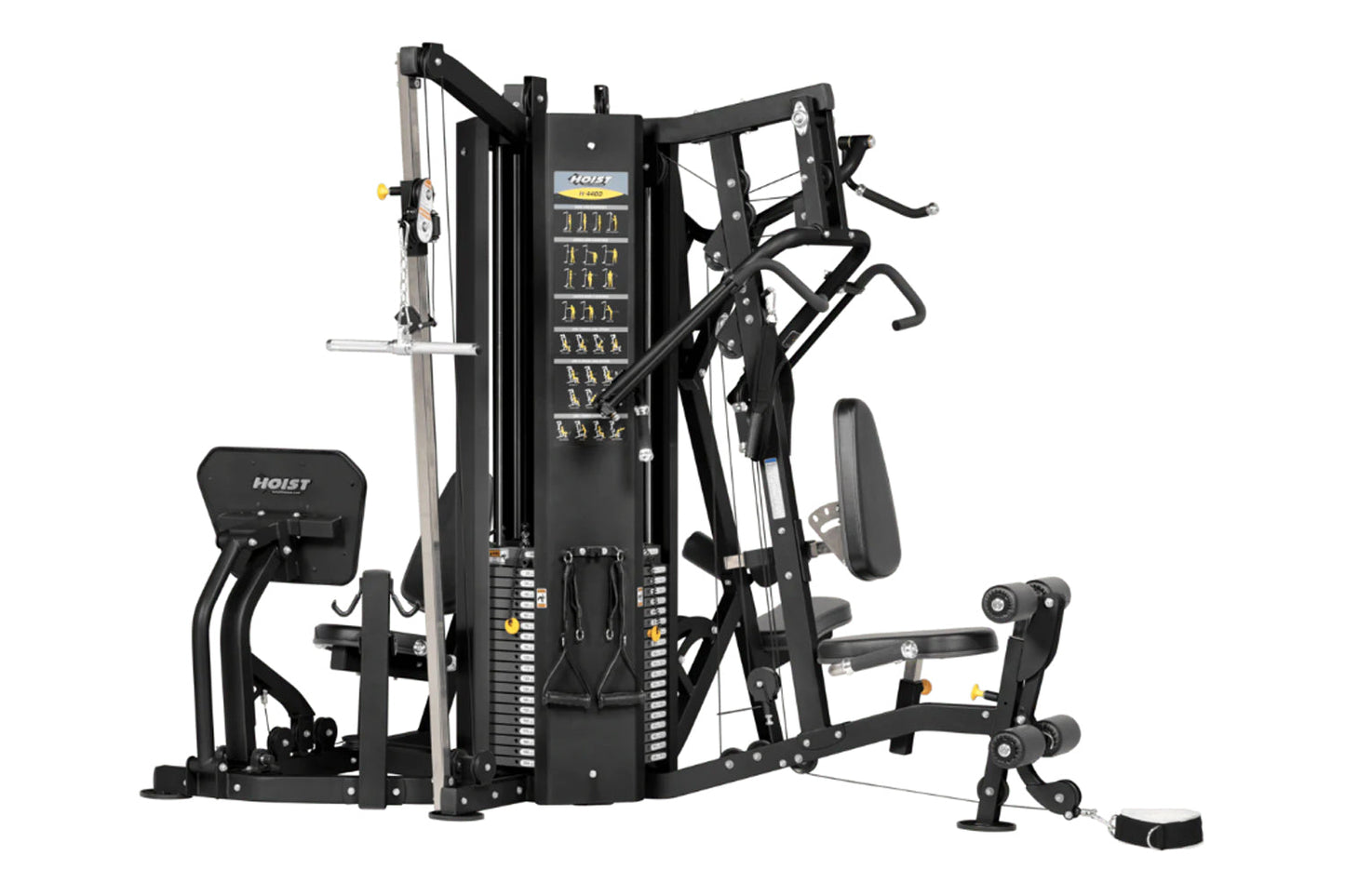 Hoist H4400 black 4-stack multi-gym machine with multiple exercise stations on white background