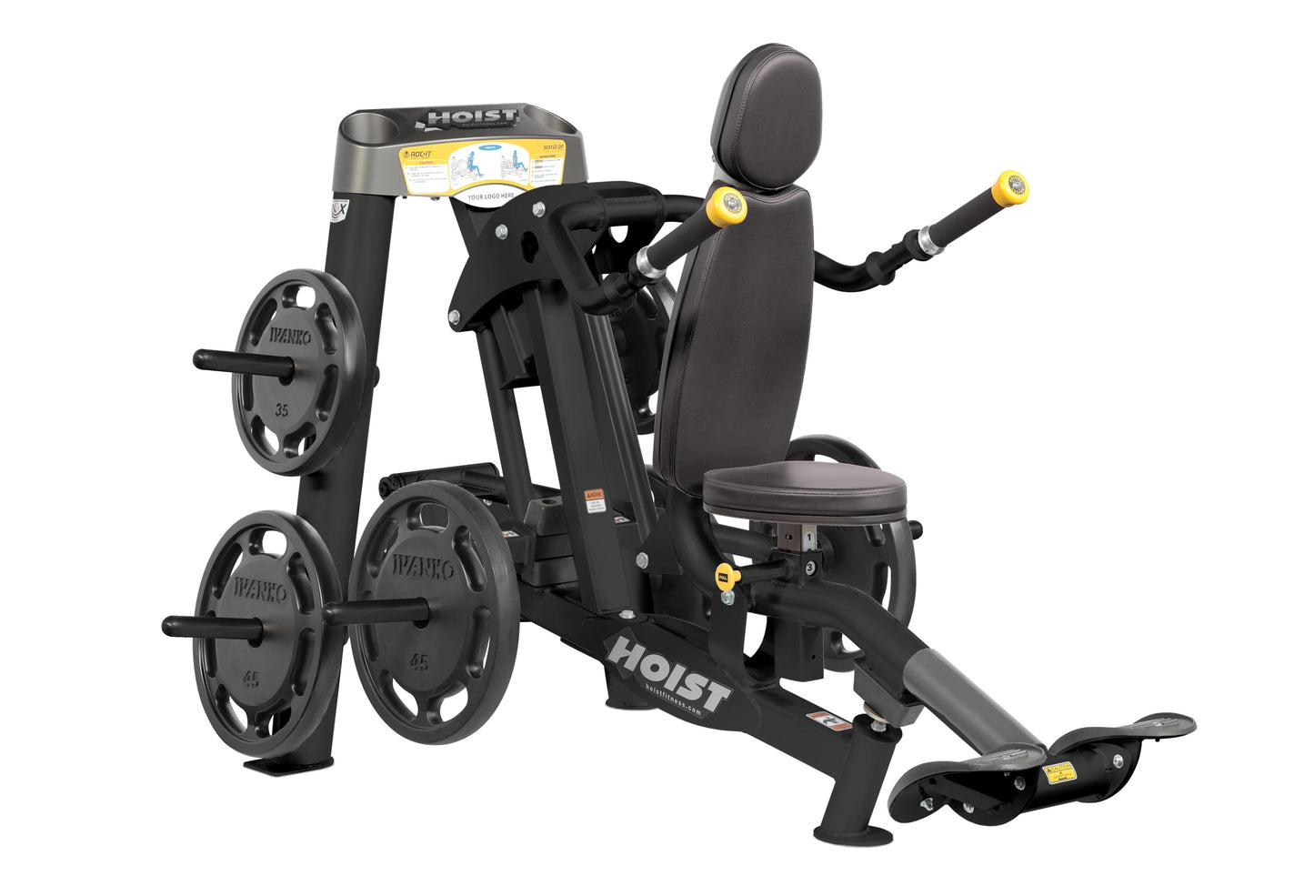 Hoist ROC-IT black seated dip machine with weight plates, padded seat back, and yellow grip handles on white background