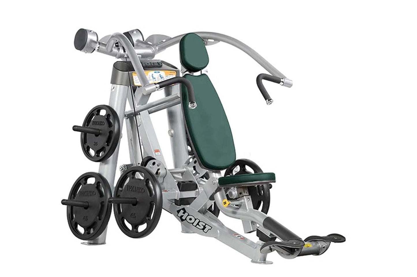 Hoist ROC-IT Incline Chest Press Machine with silver frame, green padded seat and backrest, black weight plates, and foot ped