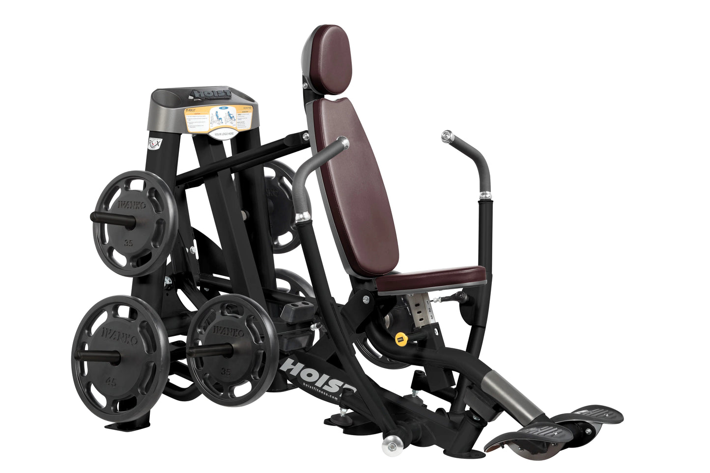 Black and burgundy Hoist ROC-IT leg press machine with weighted plates, control panel, and padded seat on white background