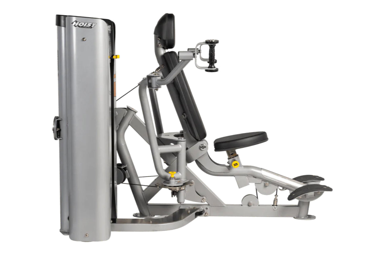 Hoist ROC-IT Pec Fly Machine with silver frame, black padded seat and handles, and yellow adjustment pins on white background