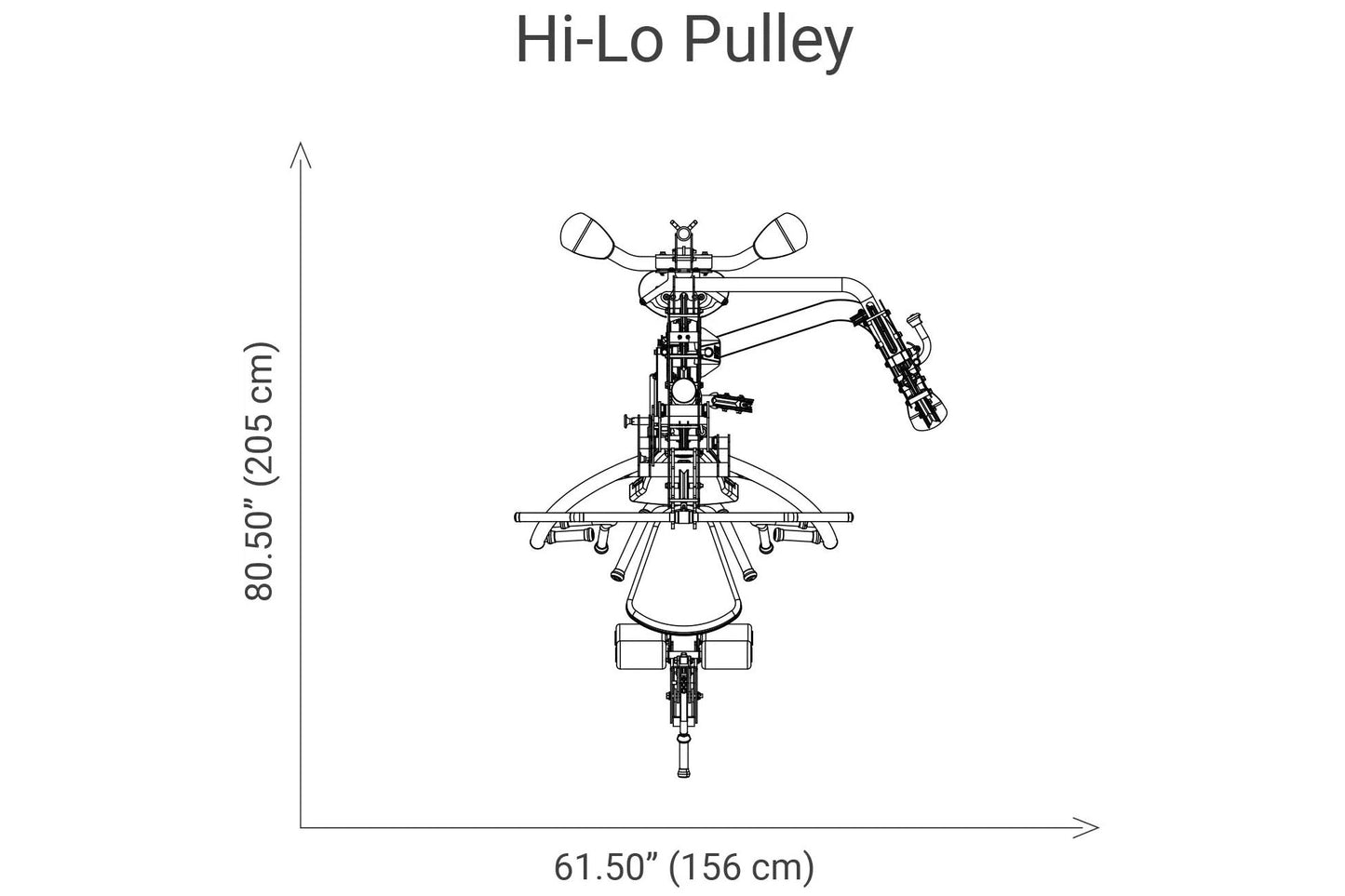 Hi-Lo Pulley attachment with dual handles and cable system, technical drawing showing 80.5 inch height and 61.5 inch width di