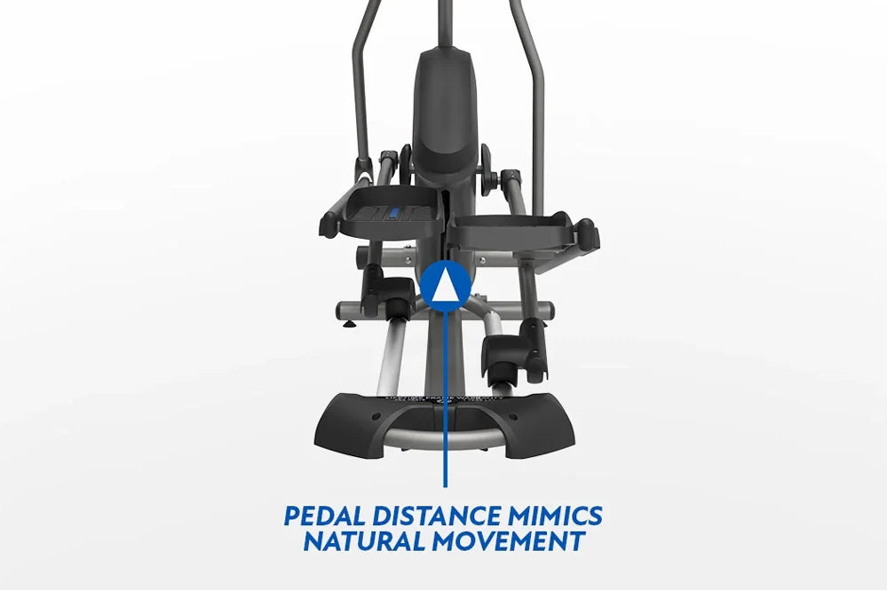 Horizon 7.0 AE elliptical machine with black frame, blue pedal and seat, digital display, overhead view on white background