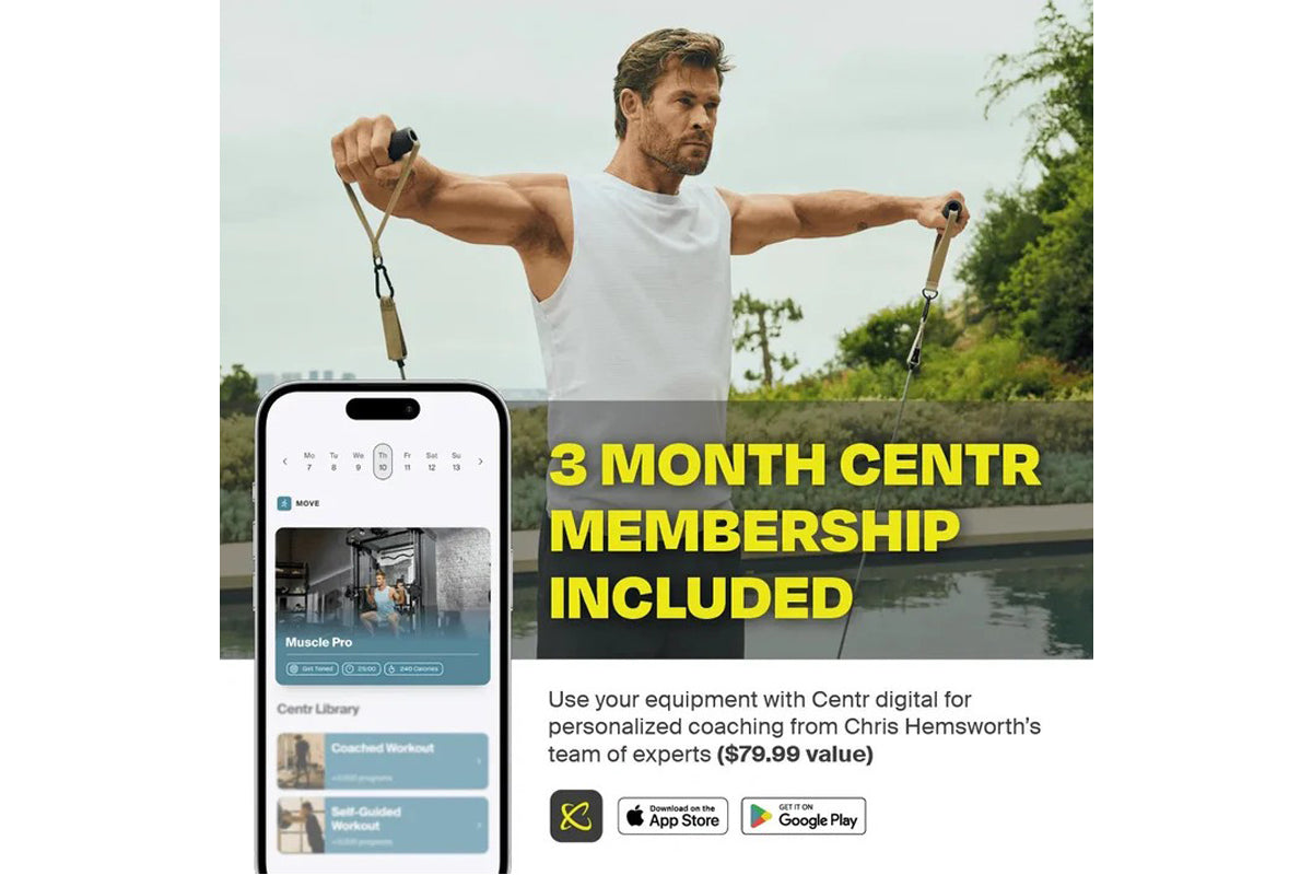 Man wearing white tank top using resistance bands outdoors near water, with smartphone displaying Centr fitness app and "3 mo