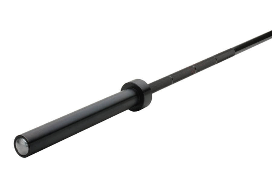 Black stainless steel Olympic weightlifting bar with knurled grip and collar, shown on white background