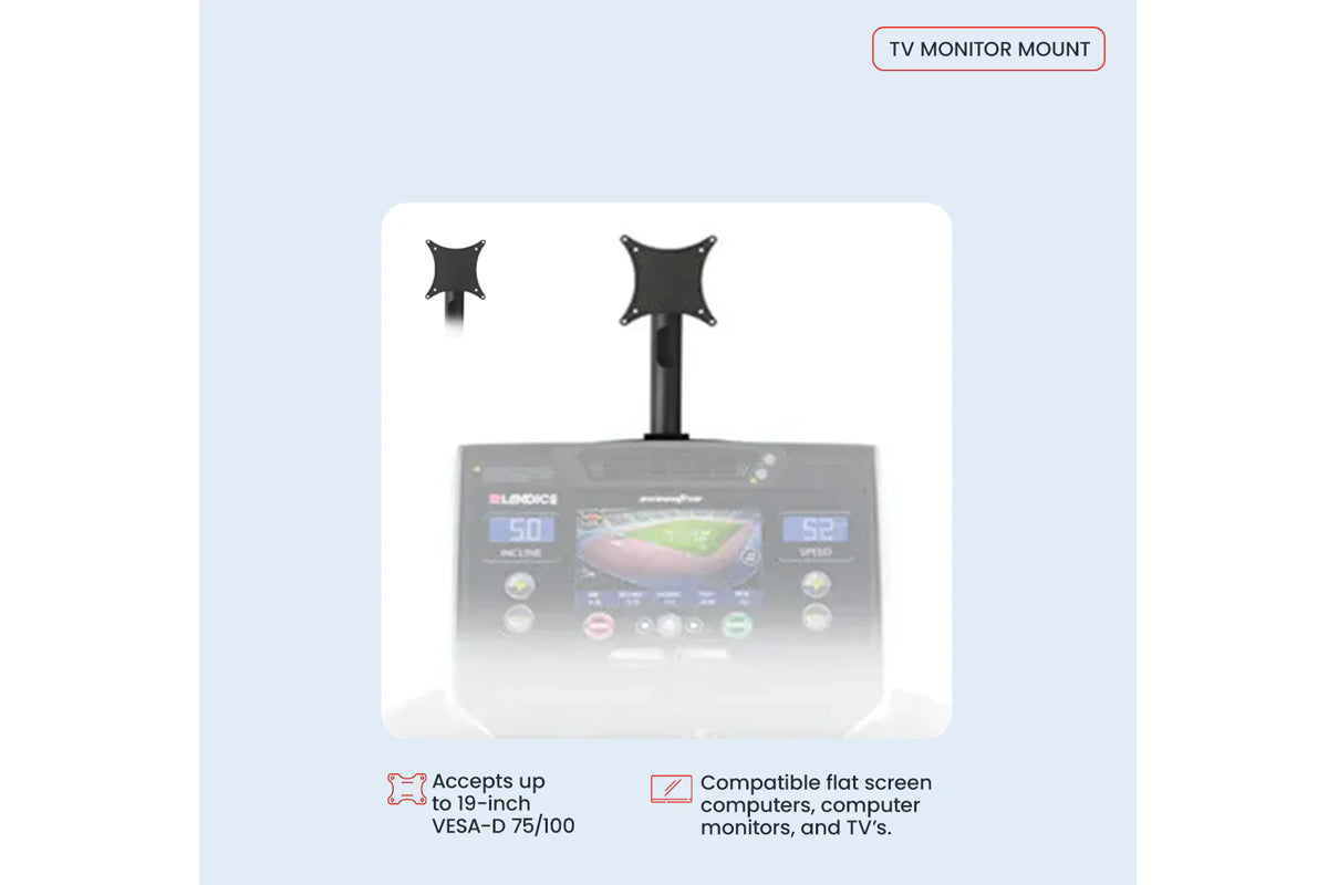 Black dual monitor TV mount with adjustable arms mounted on fitness equipment base, compatible with flat screens up to 19-inc