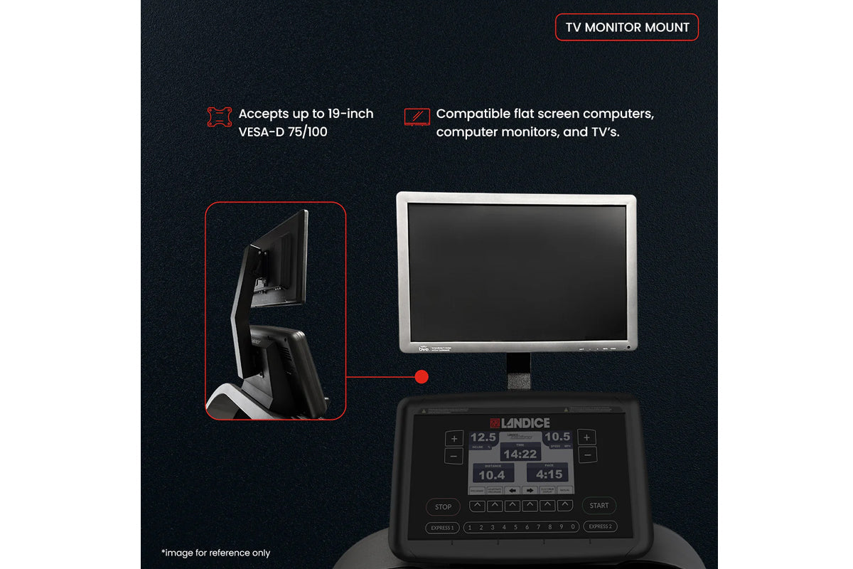 TV monitor mount with black articulating arm, compatible with flat screen displays up to 19-inch VESA-D 75/100, shown mounted
