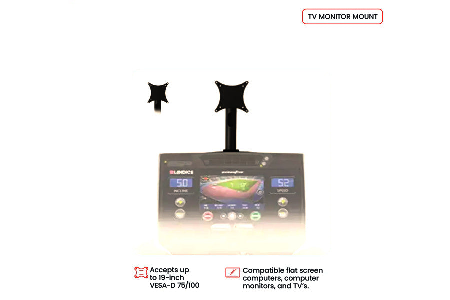 Black TV monitor mount with adjustable arm, compatible with VESA-D 75/100 standards and flat screen displays up to 19 inches