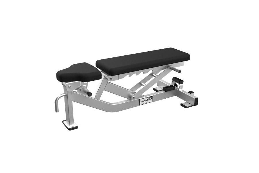 Hammer Strength Athletic Series multi-adjustable weight bench with black padded seat and backrest, silver metal frame, and le
