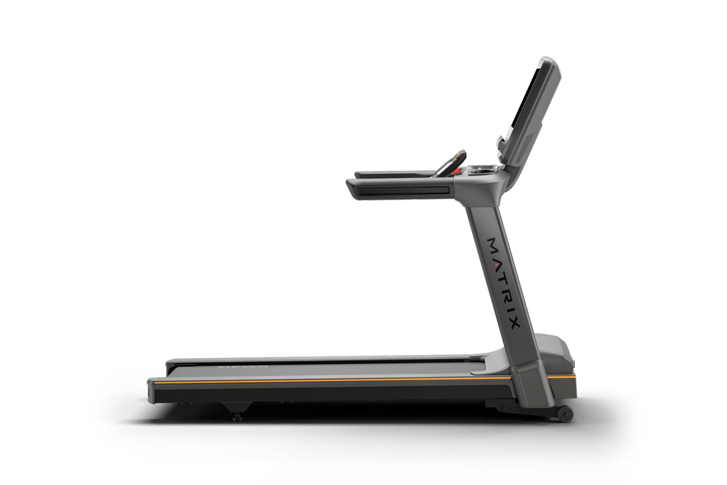 Matrix Lifestyle treadmill with black frame, gray upholstered seat, and digital console on white background