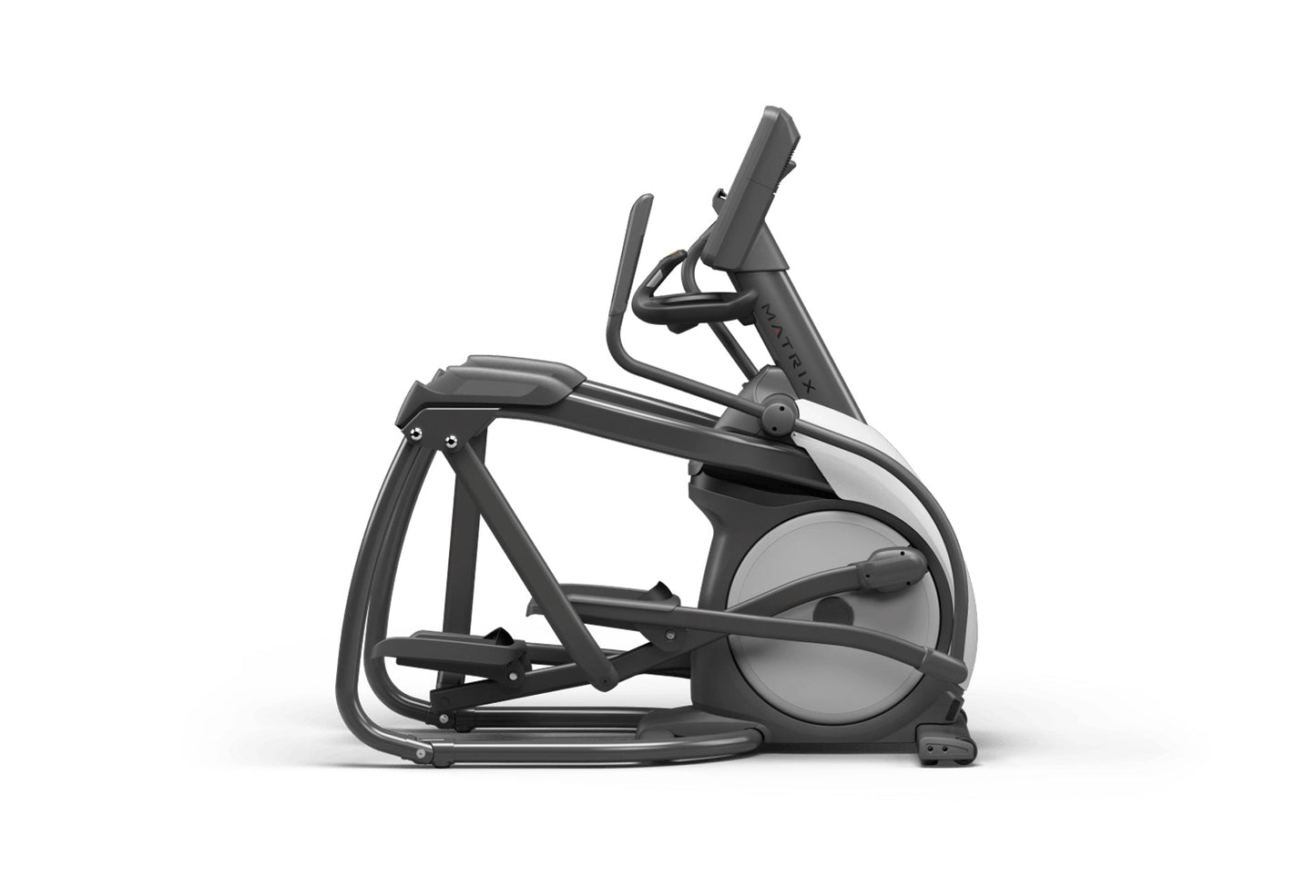 Black and gray elliptical exercise machine with handlebar and foot pedals on white background