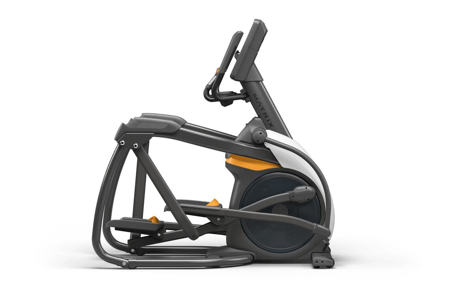 Black and orange elliptical trainer with upright display console and footplate pedals on white background