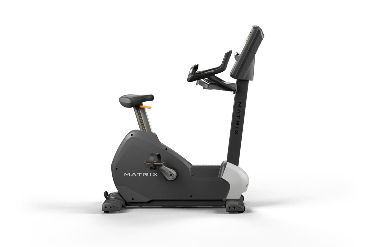 Matrix upright stationary exercise bike with black frame, gray seat, and adjustable handlebar on white background