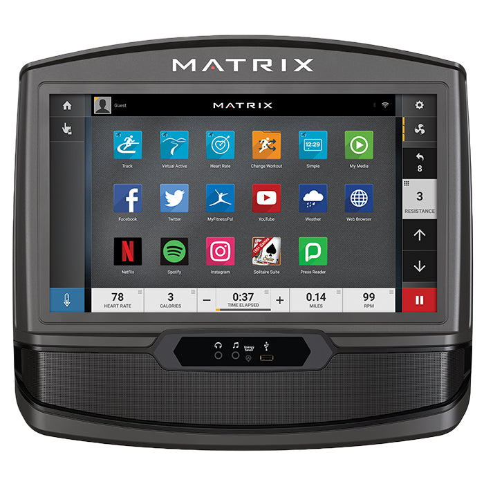 Matrix T75 treadmill with touchscreen display showing fitness apps and workout metrics, black frame with curved design
