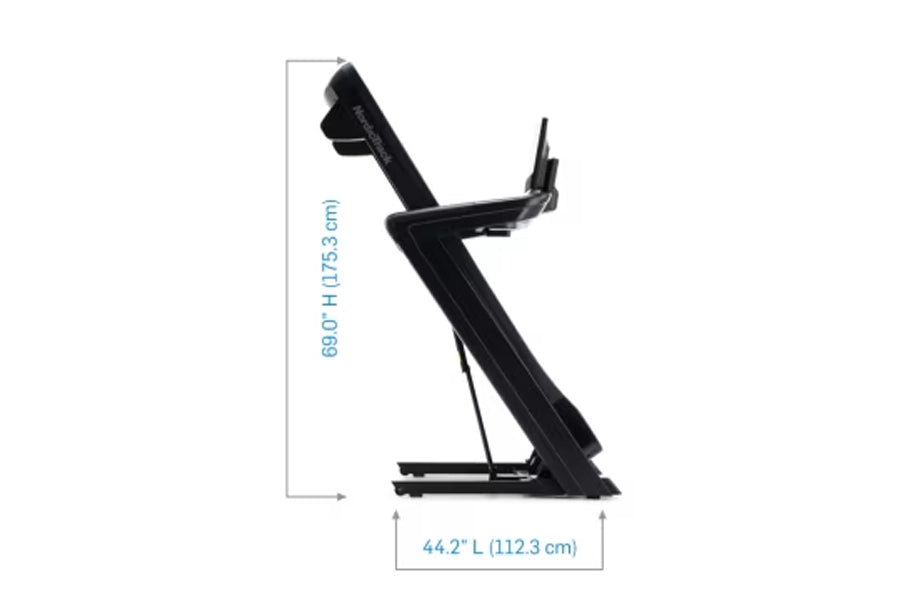 NordicTrack Commercial 1750 black treadmill with incline, shown from side view with dimensions labeled on white background